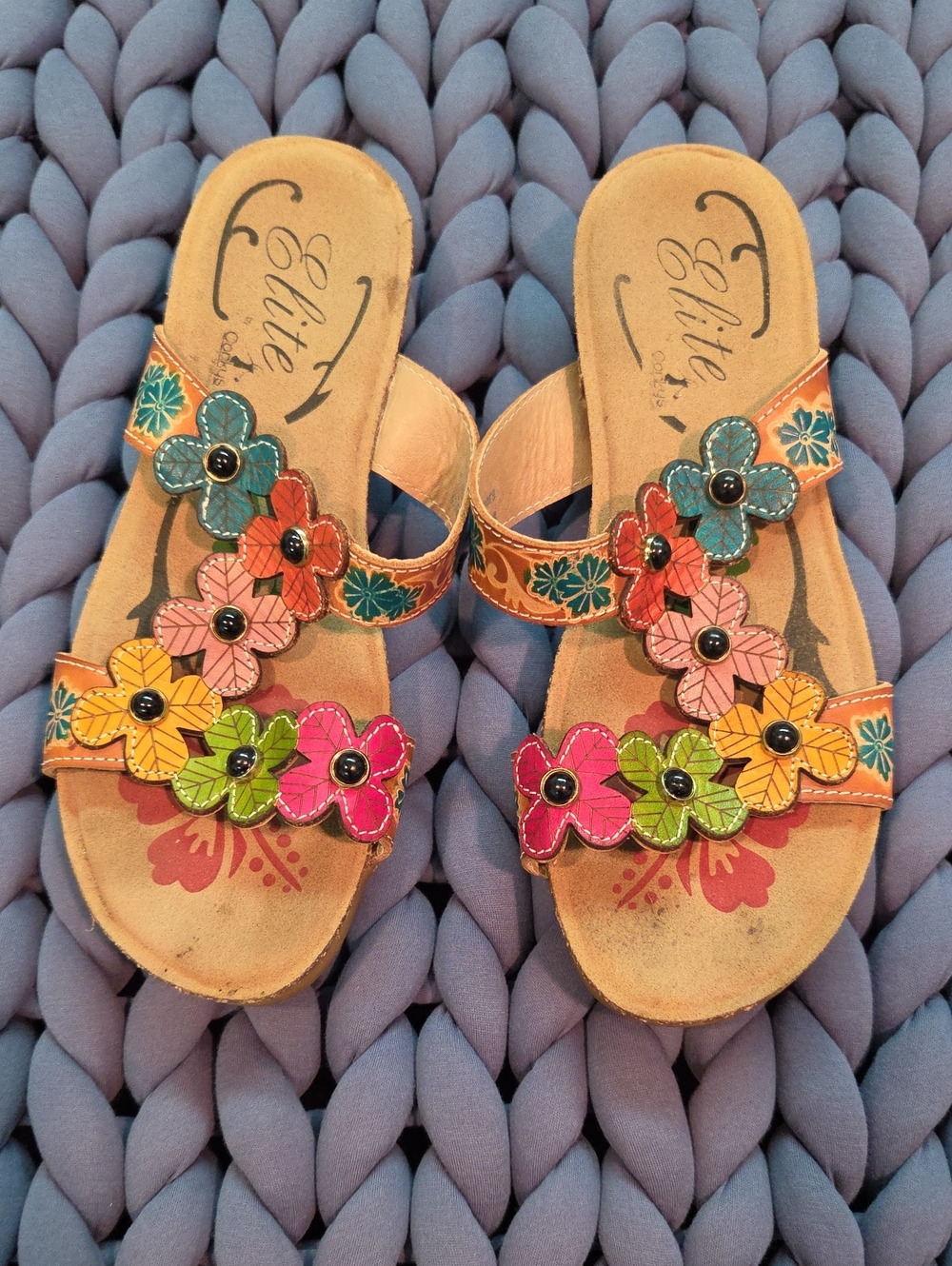 Corkys Multicolor Floral Slide Sandals - Tan with Pink, Yellow & Green Accents
